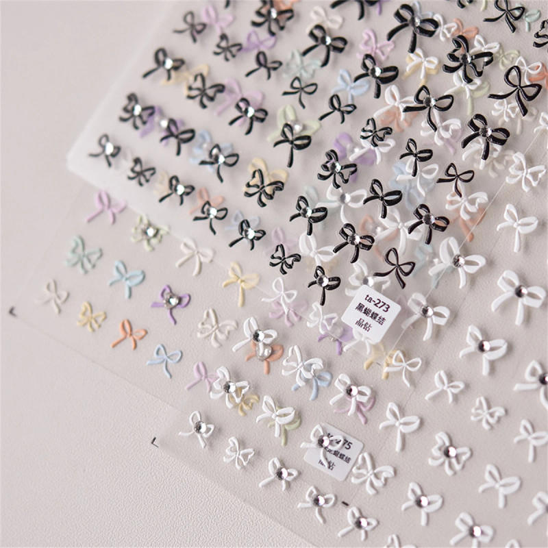 Description Picture 2 of item1sheet Japanese Kawaii Colorful White Line Bowknot 5D Black Self Adhesive Nail Art Decorations Stickers Ribbon Cute Decals DIY