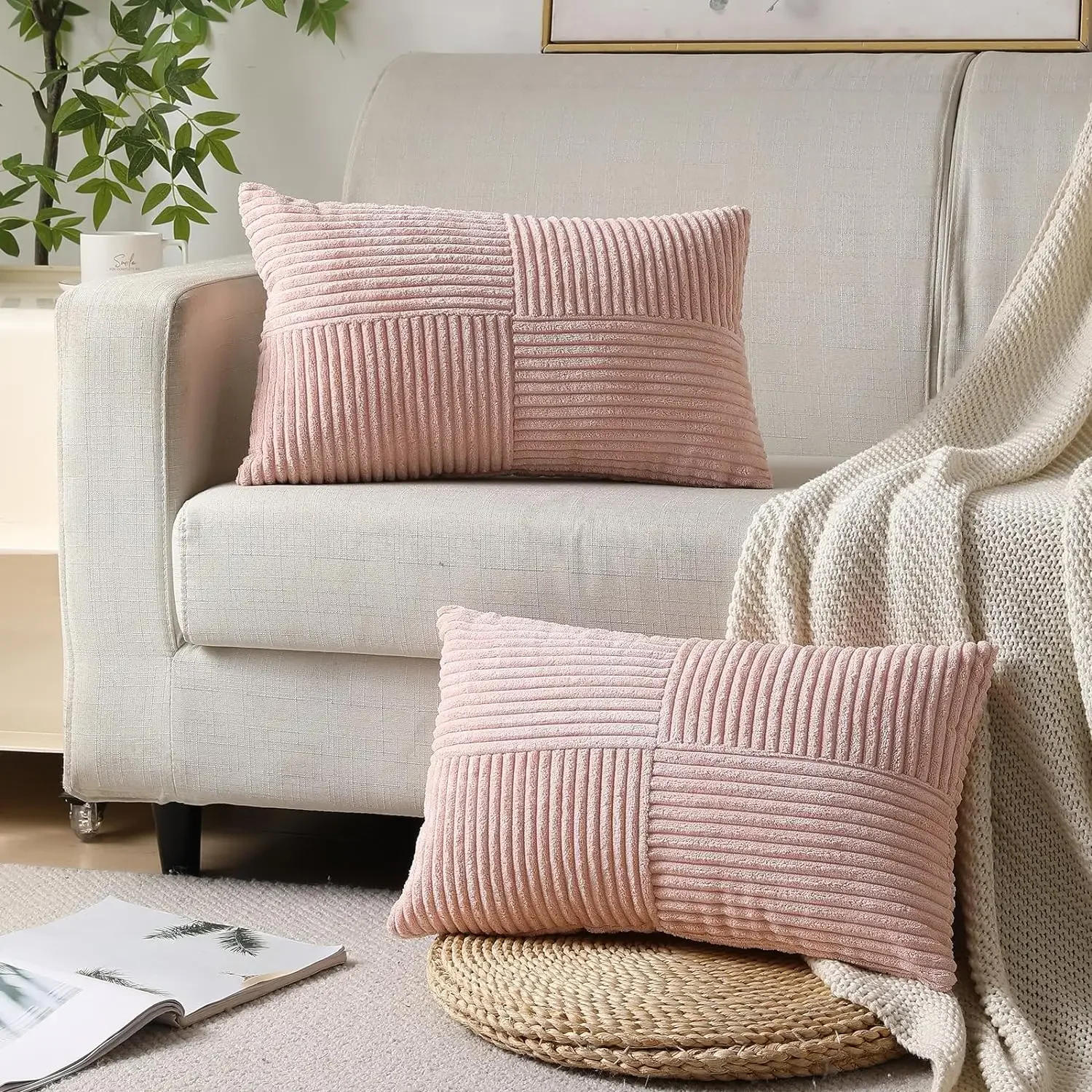 Description Picture 3 of item2PCS 30*50CM Corduroy Splicing Striped Cushion Cover Soft Textured Touch Corduroy Throw Pillows Case  for Sofa Bed Chair Car