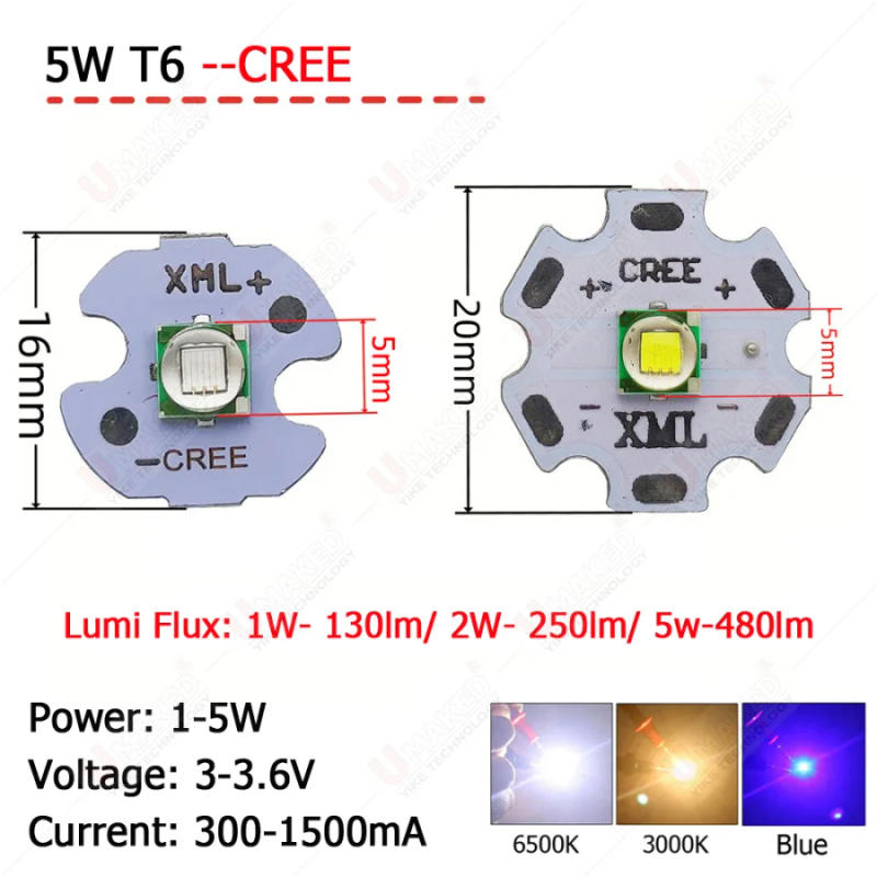 Description Picture 4 of item5pcs 5W CREE T6 LED lighting source WHITE/ WW/B/UV Light Power LED chip on 20mm 16mm PCB board Bead For Bicycle accessories Head