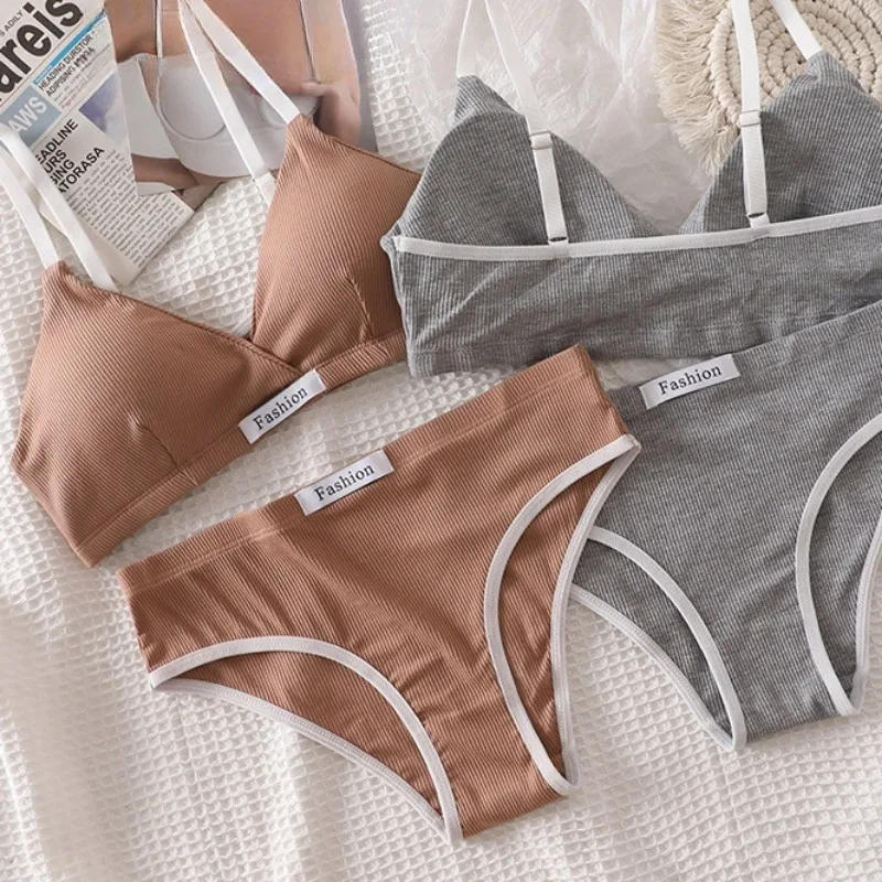 Description Picture 3 of itemSoft Cotton Underwear Sets Sexy Comfortable Bras Low Waist Panties V-neck Brassiere No Steel String Underwear Brief Sets