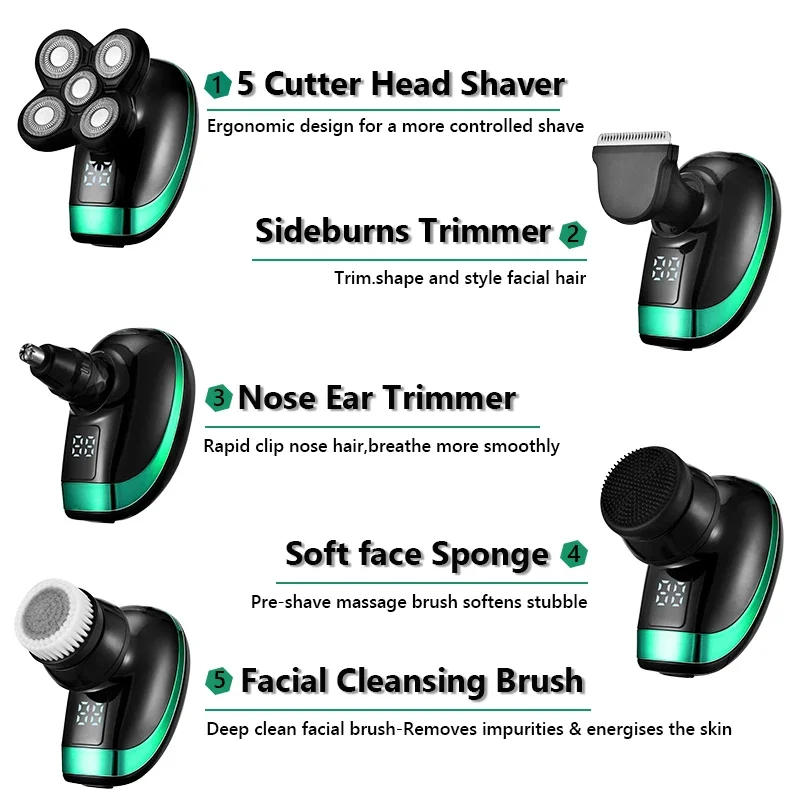 Description Picture 5 of item5 in 1 Rechargeable Electric Shaver Five Floating Heads Razors Hair Clipper Nose Ear Hair Trimmer Men Facial Cleaning Brush Box