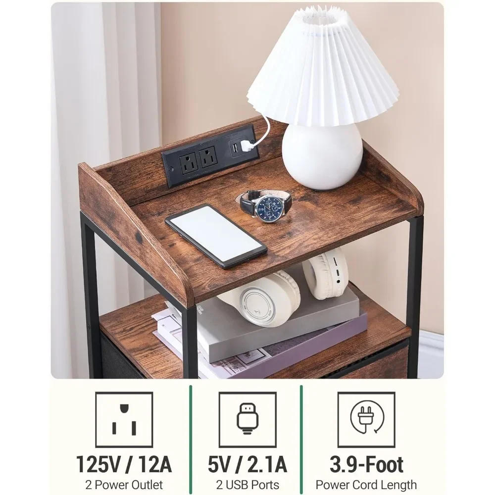 Description Picture 5 of itemNightstands Set of 2 with LED Lights and Charging Station,End Table with 2 Fabric Storage Drawers and Shelves, Modern Side Table