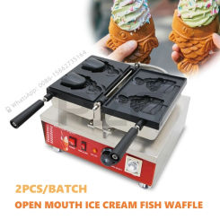 Professional 2pcs Korean Style Baking Electric Open Mouth Fish Cake Ice Cream Cone Waffle Maker Custom Taiyaki Making Machine