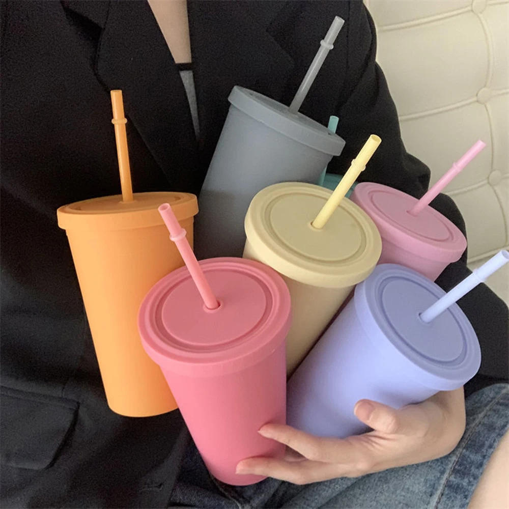 Description Picture 2 of itemDouble-layer Plastic Straw Cup Candy Color Coffee Cup Plastic Frosted Handy Water Cup Easy To Carry Straw Kettle Sports Bottle