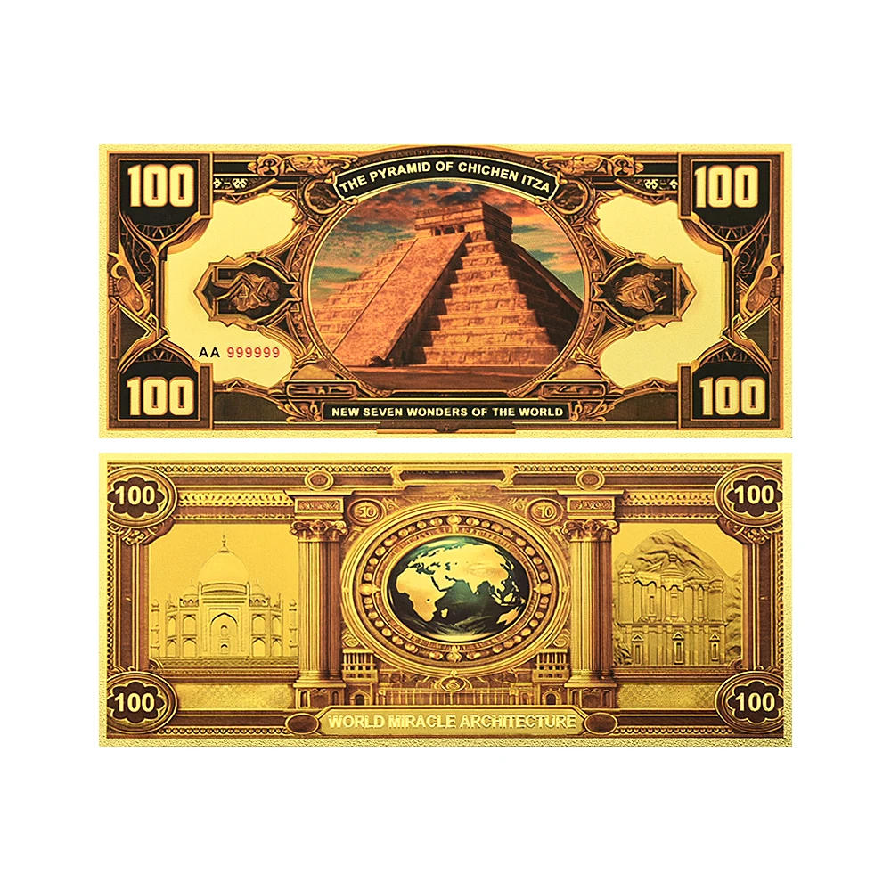 Description Picture 5 of item7pc/set Seven Wonders of The World Gold Foil Banknote Pyramid ,Christ Like, Taj Mahal,Great Wall, 100 Dollar Plastic Money Gift