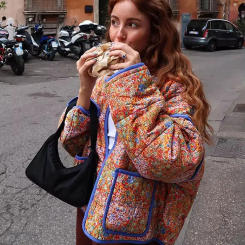 TRAFZA Women Casual Flower Print Stand Collar Jacket Pocket Long Sleeve Female Coat 2024 Autumn Vintage Lady Outwear