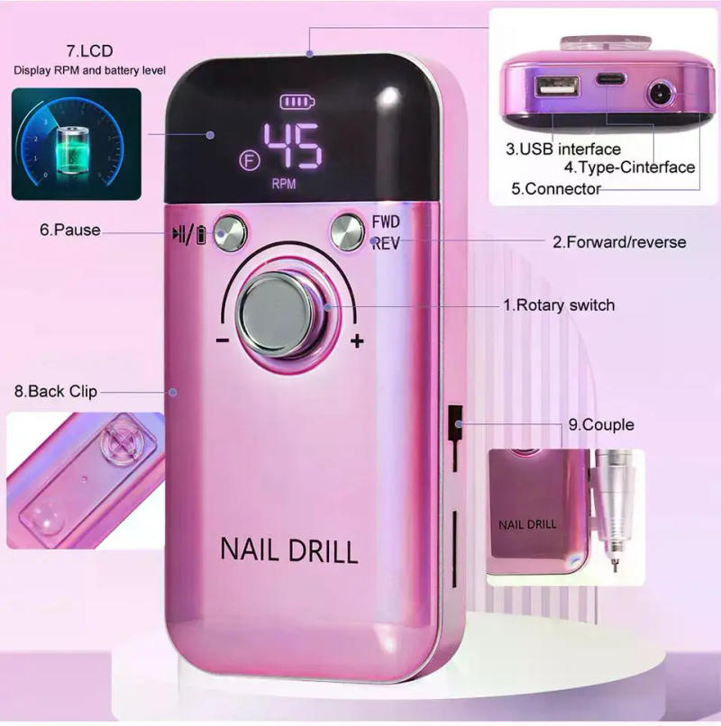 Description Picture 4 of itemNew 45000RPM Rechargeable Electric Nail Drill Machine Professional Nail art Drills Gel Nails Polish Portable Nail File Manicure