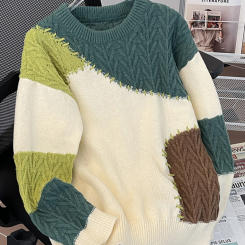 2024 Autumn Winter Men Retro Contrast Color Sweater Top Mens Loose Round Neck Pullover Tops Male Long Sleeve Knit Jumpers S141
