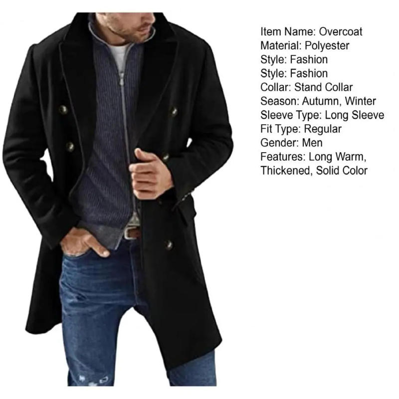 Description Picture 5 of itemNew Mens Mid Length Woolen Coat Winter Men's Single Breasted Wool Coat 2024 Mens Suit Collar Solid Color Office Jacket