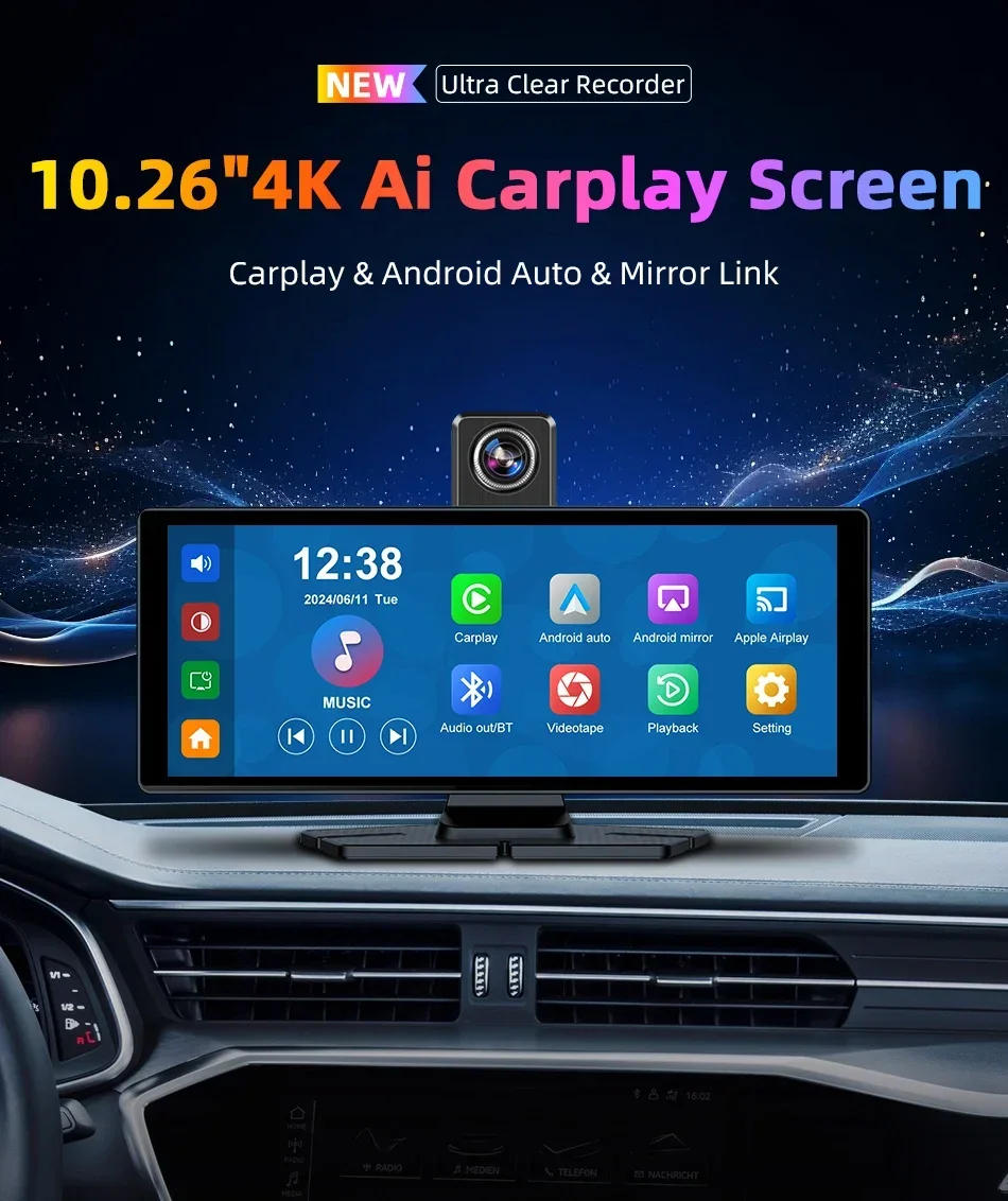 Description Picture 4 of item10.26" Car DVR Intelligent Screen with 4K 360° Rotation Dash Cam Wireless CarPlay & Android Auto Stereo AUX FM Bluetooth WIFI