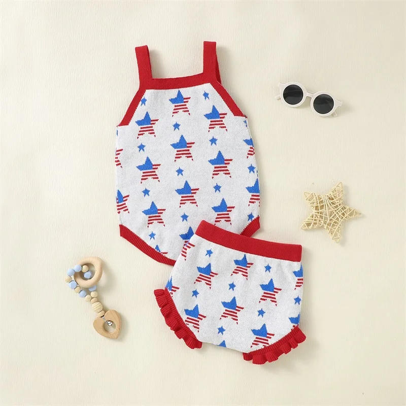 Description Picture 2 of itemKid Girl Boy Pants Suit Knitting Romper Vest Tops Ruffled Short Pants Outfit for Independence Day