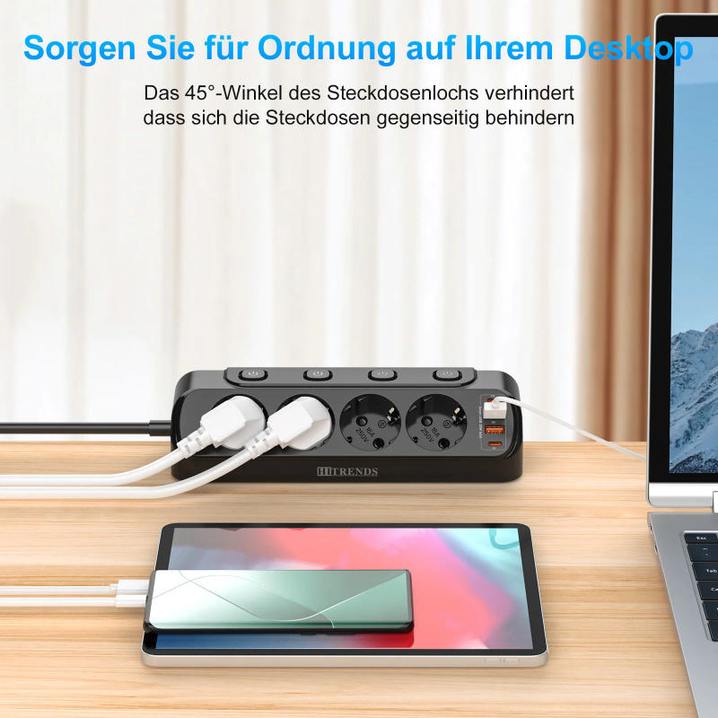 Description Picture 6 of itemEu Plug Desktop power board 4 AC power sockets separate switch 2 USB-A2 USB-C fast charging ports 2 meters extension cable white