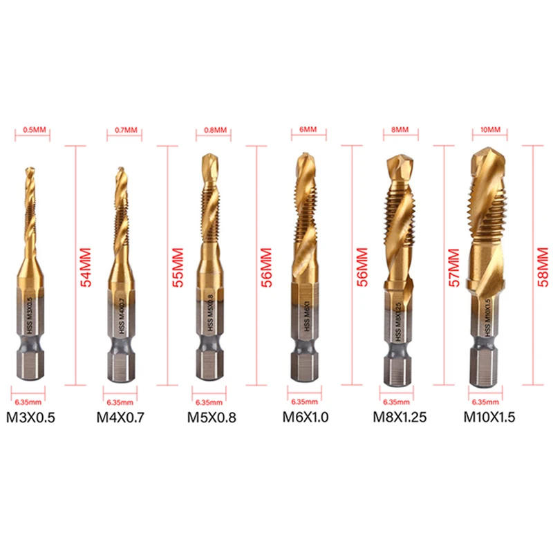 Description Picture 4 of item1/6Pcs Tap Drill Bit Set Hex Shank Titanium Plated HSS Screw Thread Bit Screw Machine Compound Tap M3 M4 M5 M6 M8 M10 Hand Tools