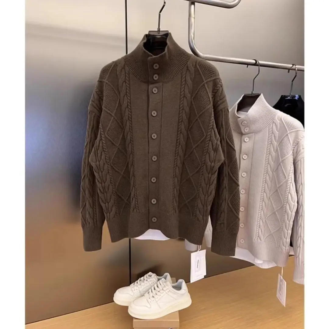 Description Picture 4 of itemAutumn Winter Twist Knitted Solid Color Cardigan Men's Loose Casual Stand Collar Sweater Jacket Solid Color Single-breasted Tops