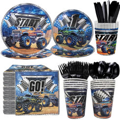 Monster Truck Party Supplies for Boys Birthday Party Kids Monster Truck Theme Bday Party Tableware Disposable Plates Napkin Cups