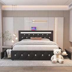 Queen Size Bed Frame with 4 Drawers and Charge Station, PU Leather Upholstered Bed with Adjustable LED Headboard, Wooden