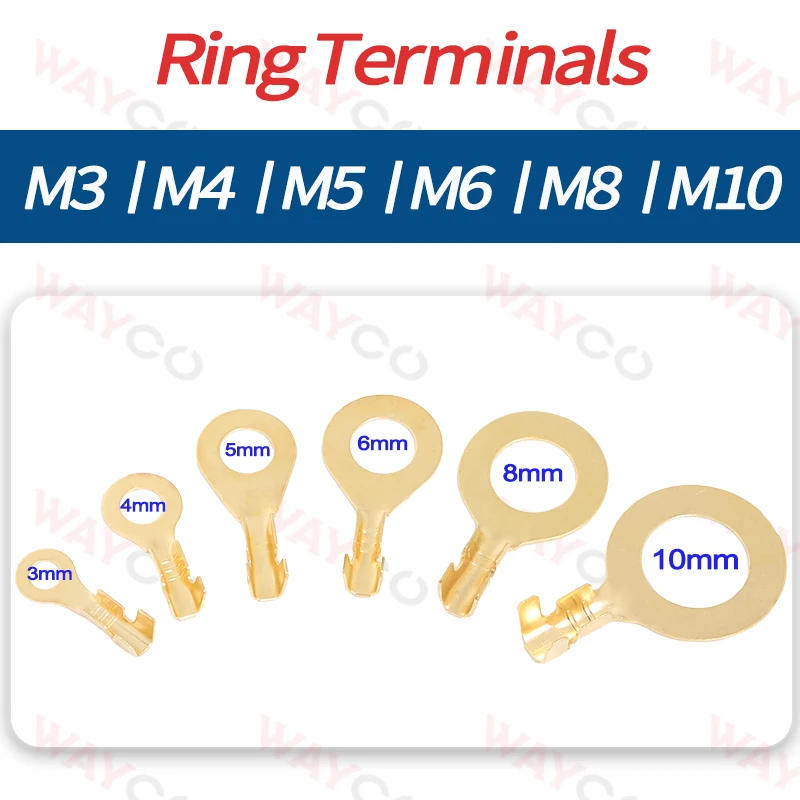 Description Picture 5 of item100PCS Ring Crimp Terminal Lugs Electrical Wire Cable Connectors Gold Brass M3 M4 M5 M6 M8 M10 O-Shoe Type Plug for Splice Screw
