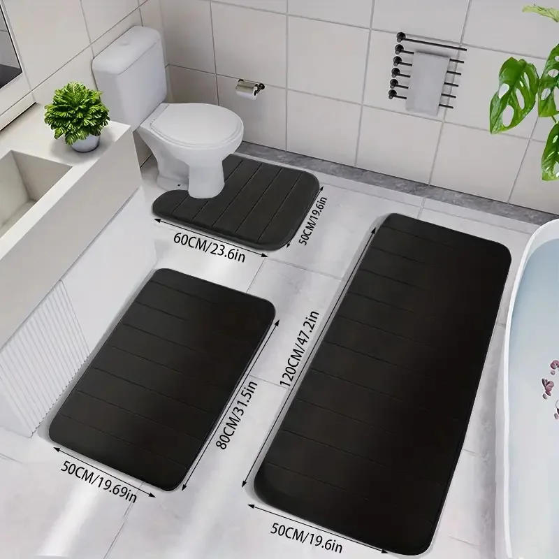 Description Picture 2 of itemBathroom Three-piece Set Household Non-slip Floor Mats Solid Color Quilted Bathroom Absorbent Carpet Mats