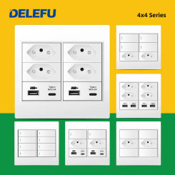 DELEFU 4x4 Fireproof PC Panel Brazil Standard Outlet Double USB Type C Wall Power Socket Light Switch Office White 10A 20A