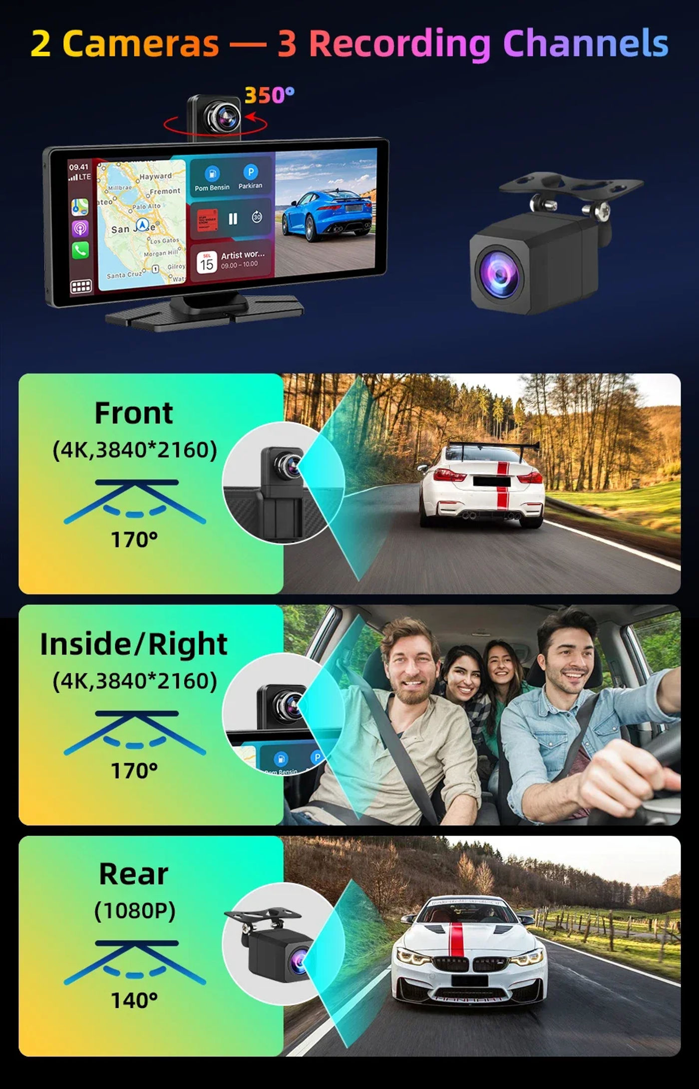 Description Picture 3 of item10.26 Inch 4K Dash Cam Wireless Carplay & Android Auto Car DVR GPS Navigation Video Recorder Dashboard Mirror Monitor Car DVRS