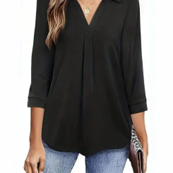 Women Spring Summer Style Blouses Shirts Lady Casual Three Quarter Sleeve Turn-down Collar Solid Color Loose Blouse Tops DF5012