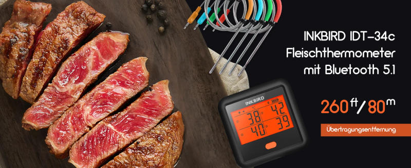 Description Picture 2 of itemINKBIRD BBQ Meat Grill Thermometer with 4 Meat Probes Stepless Dimming Backlit LCD Free App Control Temperature Pre-Alarm Timers