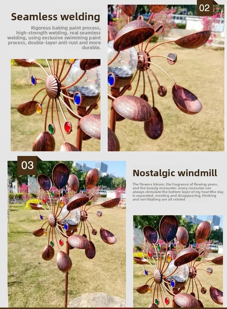 Description Picture 5 of itemGarden Solar Powered Wind Spinners Glass Iron Windmill Solar Powered Bronze Metal Art Craft Garden Yard Landscape Decoration