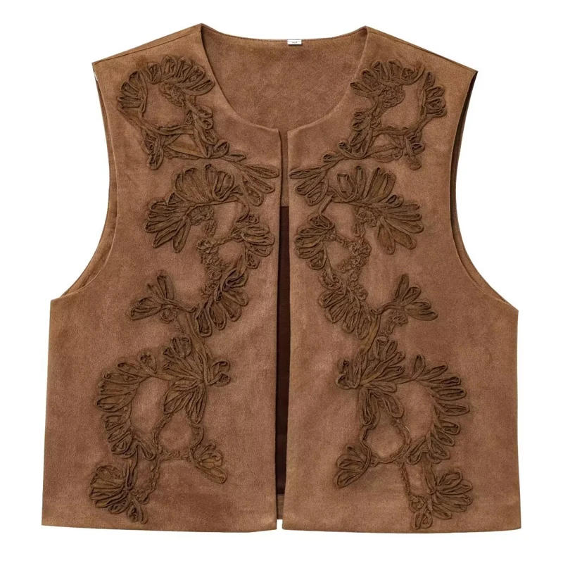 Description Picture 5 of itemWomen Embroidered Vest Top O Neck Faux Suede Women's Sleeveless Vest Casual Loose Waistcoat Woman Chic Lady Top Street Outwear