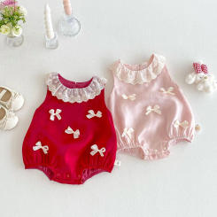 0-2Y Baby Girls Clothing Sleeveless Bodysuit with Lace Collar and Bowknot One Piece