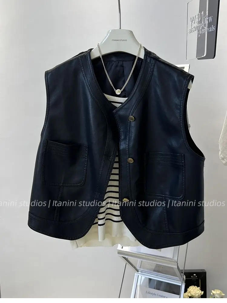 Description Picture 4 of itemNeploe Simple Loose Commuter Patchwork Korea Chic Vest Leather Streetwear Goth Y2K Coat Moto Sleeveless Button Cute Moda Tank