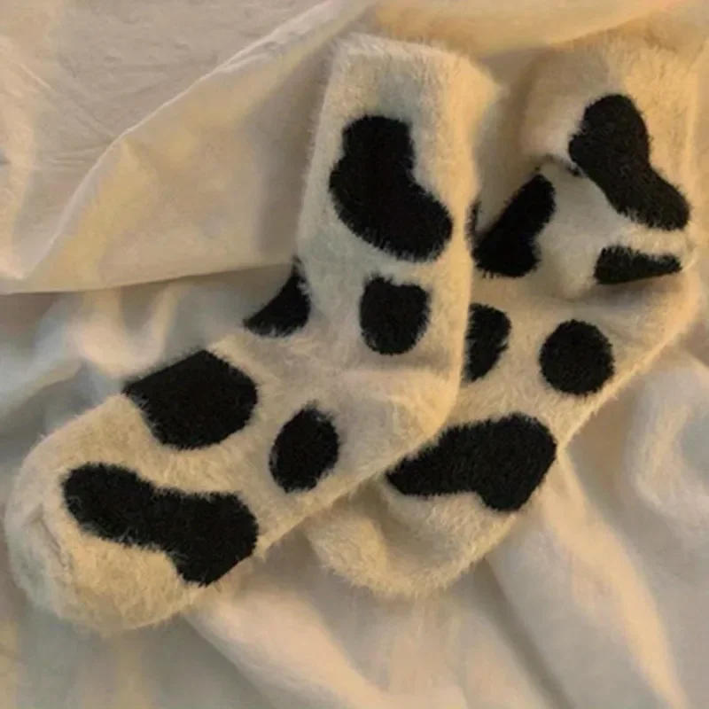 Description Picture 4 of item2 Pairs Cute Cow Spots Print Socks, Thickened & Warm Coral Fleece Socks, Women's Stockings & Hosiery