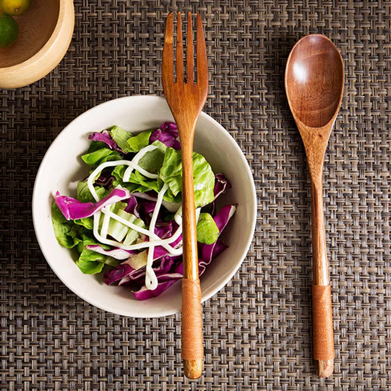 Description Picture 6 of item2Pcs Wooden Spoon Fork Dinnerware Set Long Wood Spoon and Fork Set Dessert Soup Spoon Dining Fork Portable Cutlery Tableware