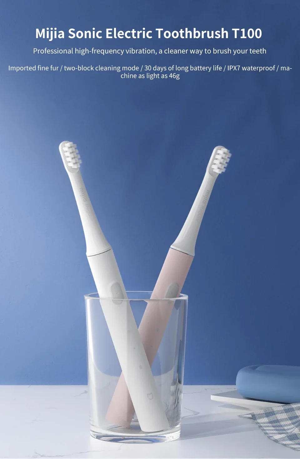 Description Picture 2 of itemIconic Brand MIJIA Sonic Electric Toothbrush T100,30-day battery life,IPX7 Waterproof Soft Brush Head,2 Modes,Whitening Toothbrushes