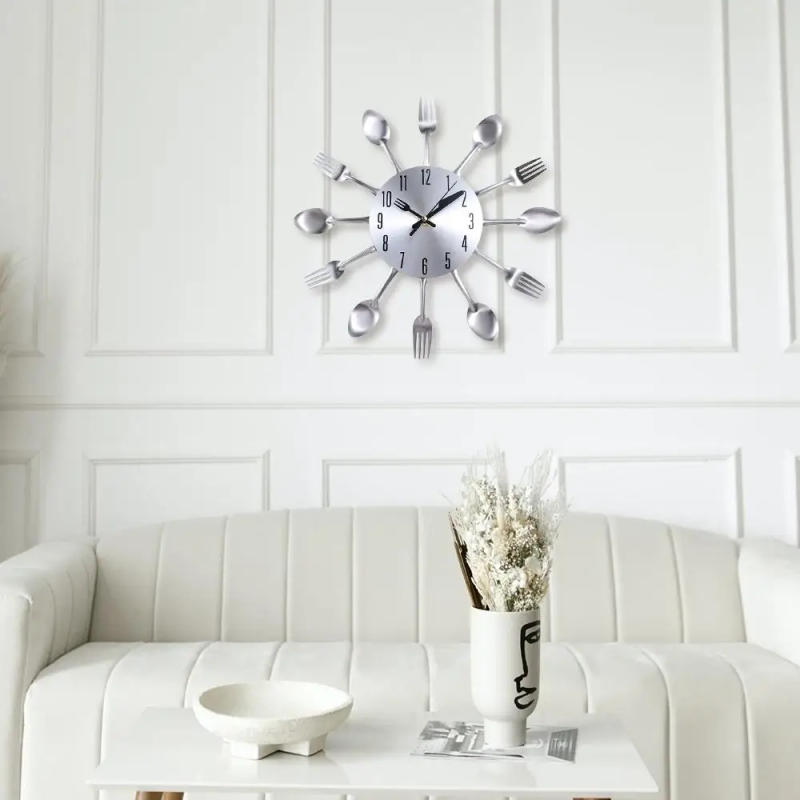 Description Picture 3 of item3D Spoon Fork Wall Clock Removable Modern Metal Clock Electronic Multifunctional Decorative Horloge Restaurant