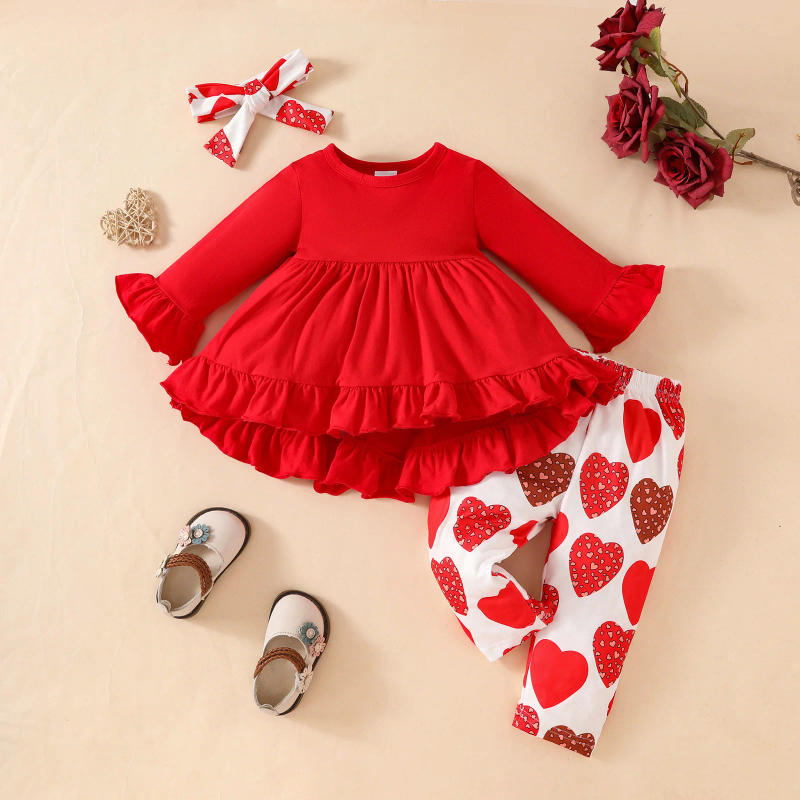 Description Picture 3 of itemValentine's Day Baby Girls' Clothing Set 0-3 Y Flare Sleeved Dress Top+Heart Printed Pants+Headband 3Pcs Toddler Outfit