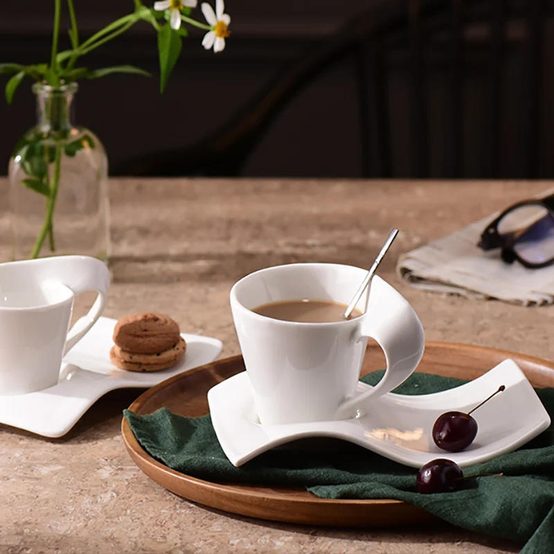 Description Picture 2 of itemEuropean Wave Porcelain Coffee Cup & Saucer Set White Ceramic 90ml/130ml/200ml300ml Coffee Cup Breakfast Dessert Mug Home Decor