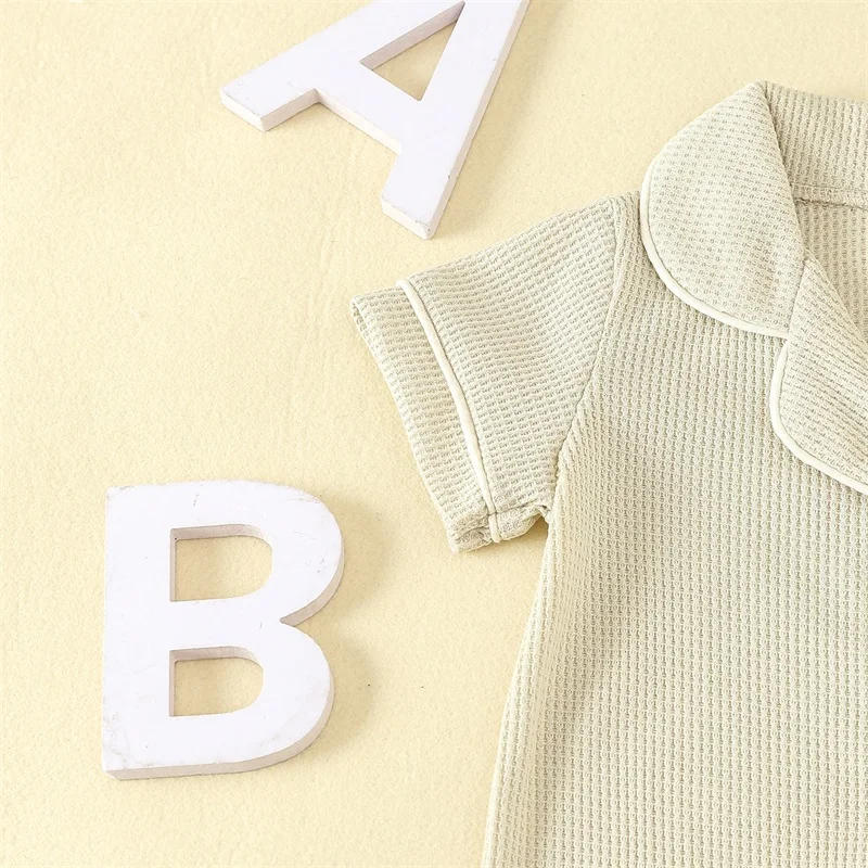 Description Picture 6 of item0-24months Baby Romper Pajama Lapel Neck Short Sleeve Trim Button Down Waffle Jumpsuit Infant Toddler Boys And Girls Sleepwear