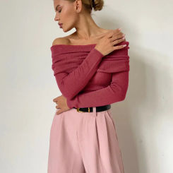 Wolfeel Women Knitted Wool T-shirt Slim Fit Long Sleeve Autumn Winter Chic Off Shoulder Basic Sweater Streetwear Pullovers