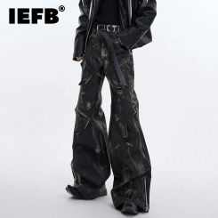 IEFB Worn Out Men's Flared Leather Pant Deconstruction Vintage Niche Deisgn Male Wide Leg Trousers High Street Autumn New 9C3522