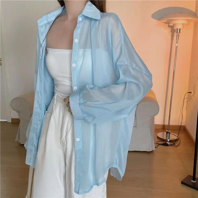 Description Picture 5 of itemWomen Shirt Long Sleeve Top Blouse Female Chiffon Loose Summer Cardigan Thin Sexy Solid Color Casual Shirt Outerwear Прозрачная