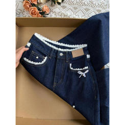 Retro Dark Blue Denim Pants for Women Spring Autumn Sweet Lace Bow Jeans Female American Style Straight Loose Wide Leg Pants