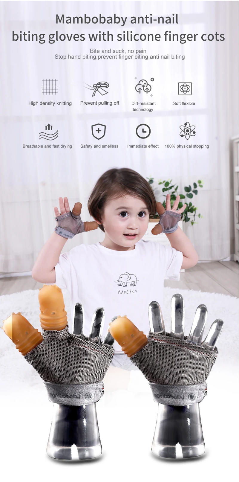 Description Picture 4 of itemMambobaby Baby Anti-Bite Gloves With Silicone Finger Cots Stop Hand Biting Prevent Fingers Sucking  Nail Bite Protection Teacher