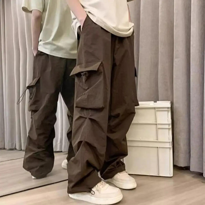 Description Picture 6 of itemMen Cargo Pants Multi Pockets Solid Color Loose Deep Crotch High Street Hip Hop Elasic Waist Full Length Men Long Trousers