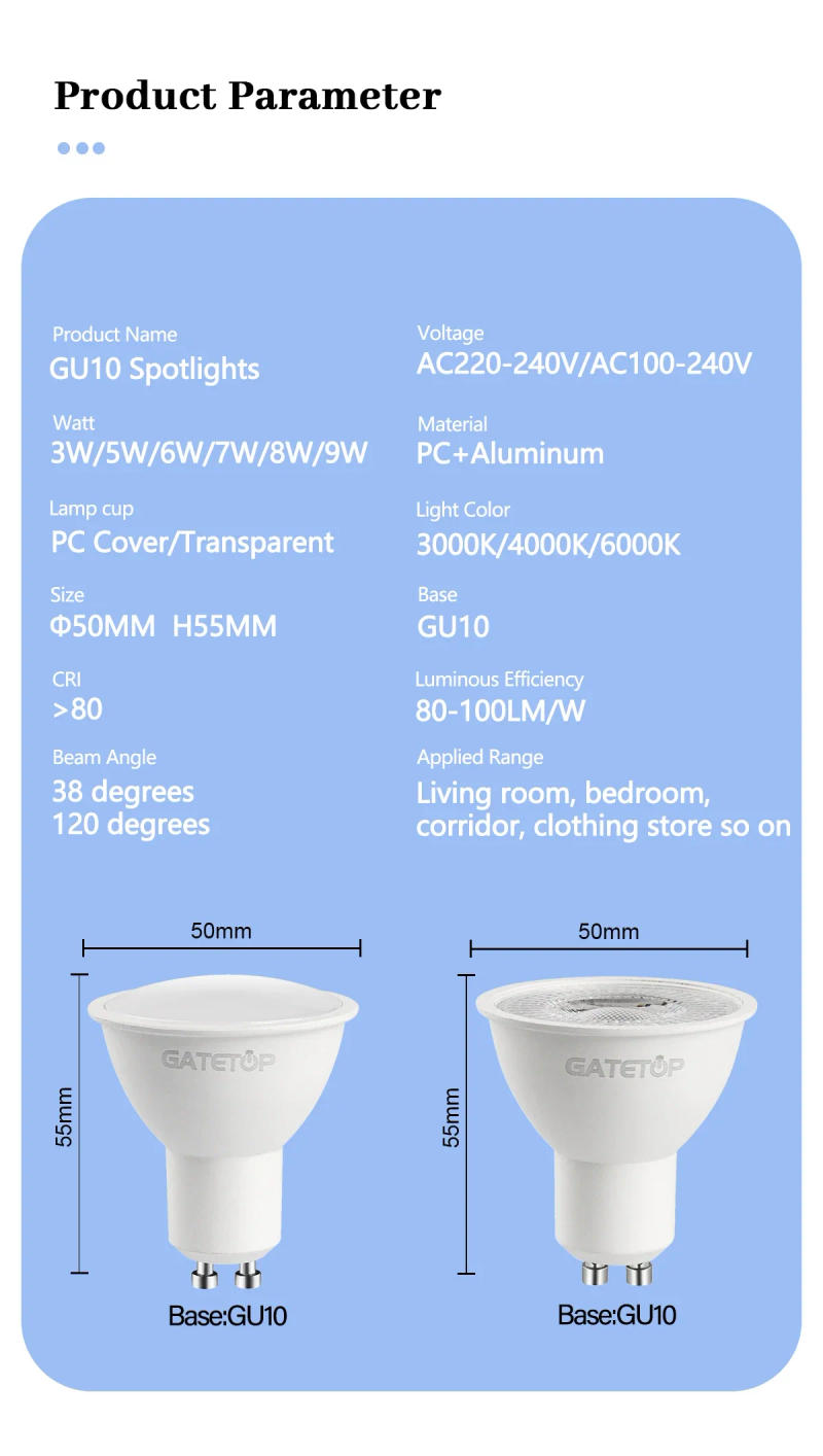 Description Picture 3 of item5-20pcs energy saving GU10 spotlight AC220V 110V LED bulb 3W 5W 6W 7W 8W 9W Lighting can replace the 50W halogen lamp