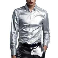 Mens Smooth Silk Satin Shirt Dance Party Wedding Solid Color Luxury Dress Shirts Long Sleeve Slim Fit High Quality Tuxedo Shirts