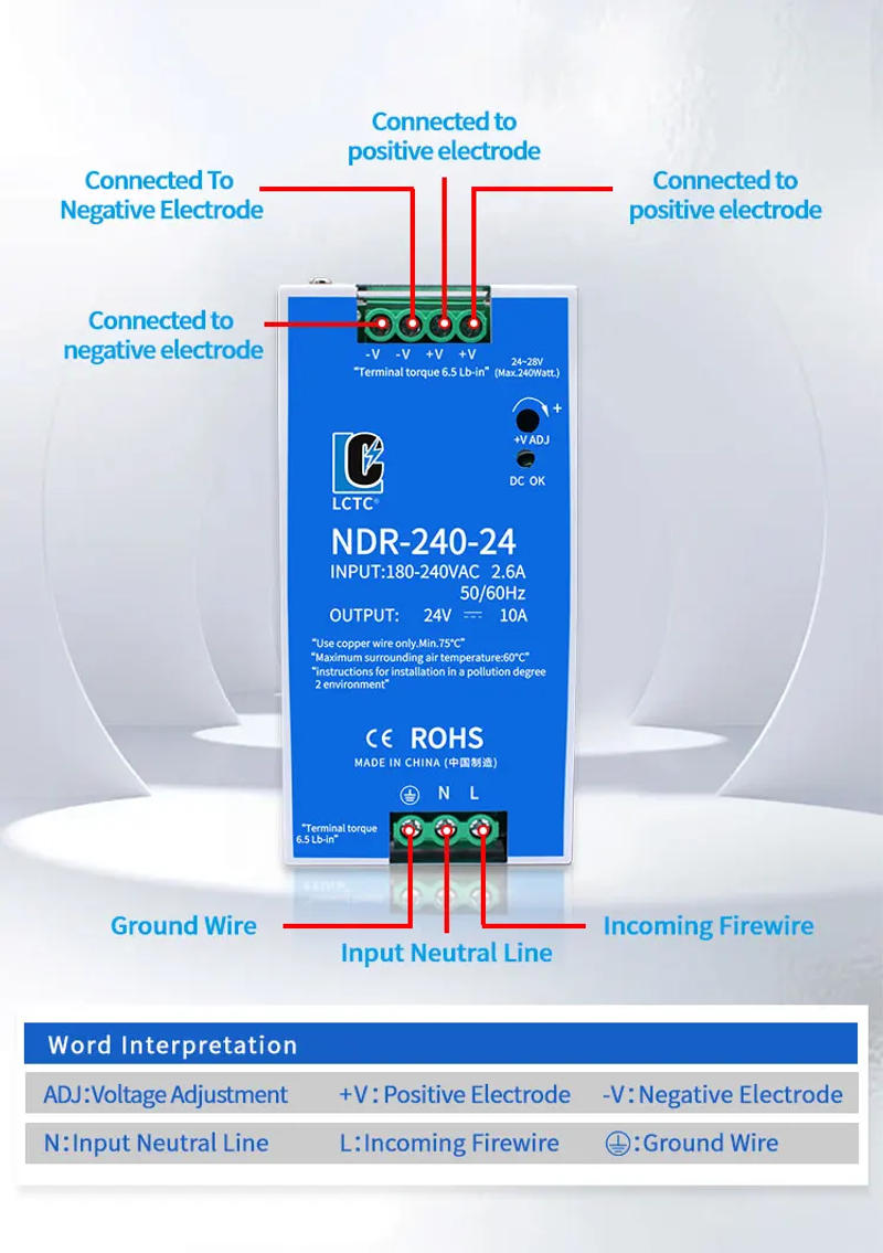 Description Picture 3 of itemLCTC Switching Power Supply NDR-75W 120W 240W 480W Industrial DIN Rail 12V 24V 48V AC/DC Single Output Power Transformer