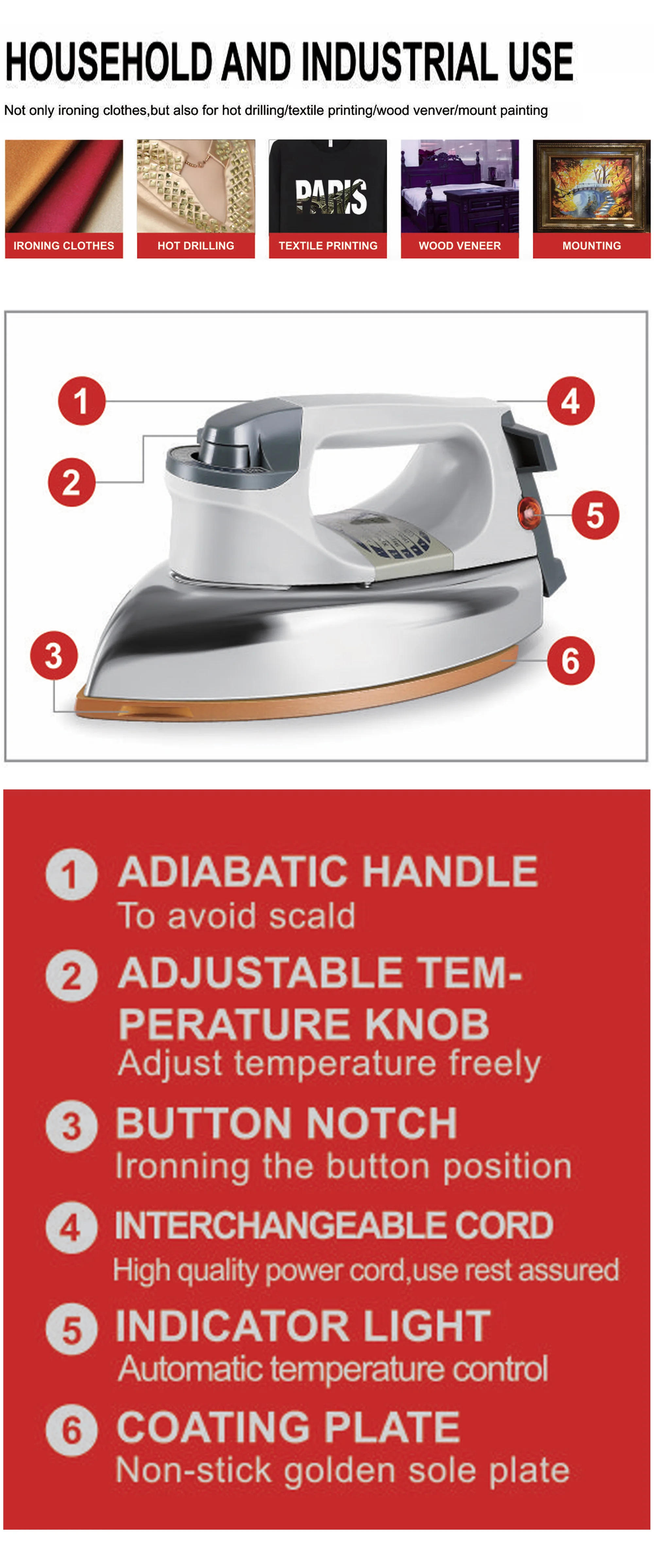 Description Picture 6 of itemElectric Dry Iron For Clothes 1200W Household Fabric Ceramic Soleplate Electric Iron Ironing Fast-heat For Clothes Sonifer