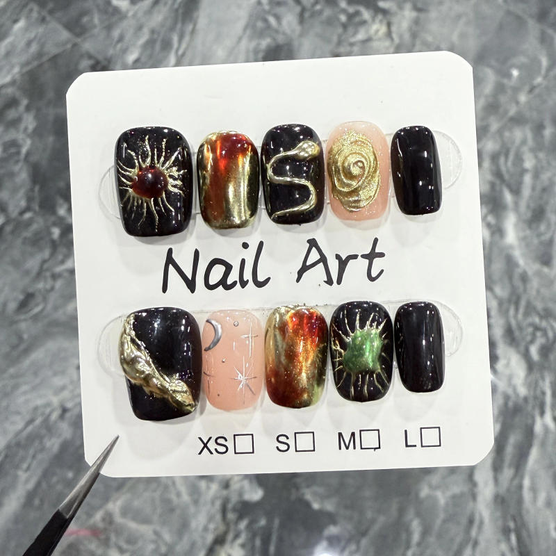 Description Picture 6 of item10Pc Black Handmade Fake Nails Embossed Gold Pattern Design Nail Art Dark Y2k False Nails Short Square Nail Tips with Jelly Glue