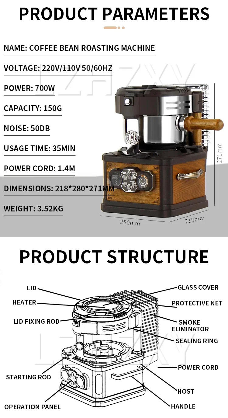 Description Picture 3 of itemCoffee Bean Roaster 150g Container for Roasted Beans Precise Temperature Control 110-240V For Household Commercial Roaster