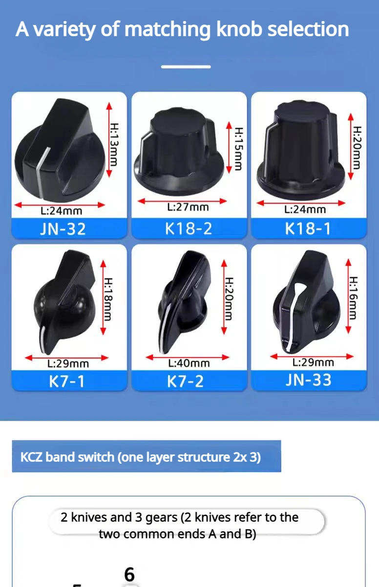 Description Picture 6 of itemKCZ Band gear rotary switch 1 pole 6/7/8/9/10 3W2D 4W2D 5W2D 3W3D position with channel rotary switch selector with cap